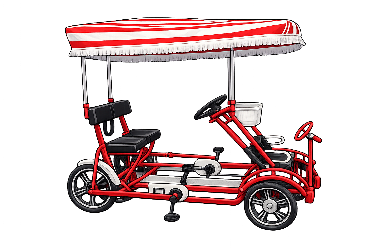 Single Row Surrey Bike — red frame with red and white striped canopy