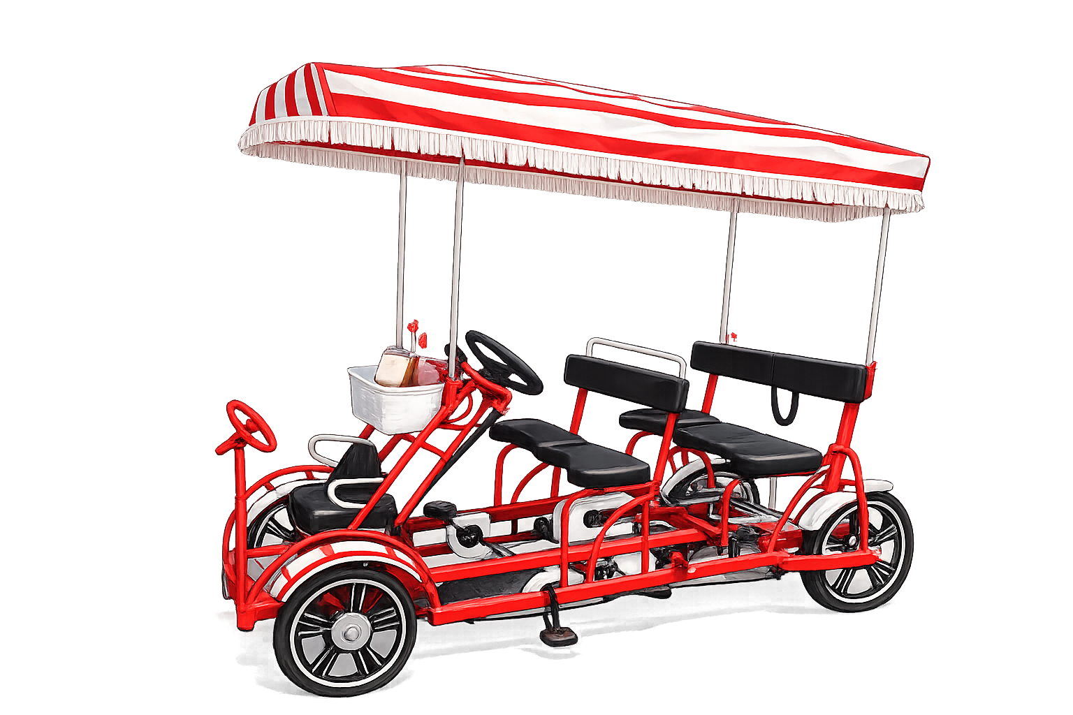 Double Row Surrey Bike — red frame, four seats under a red and white striped canopy
